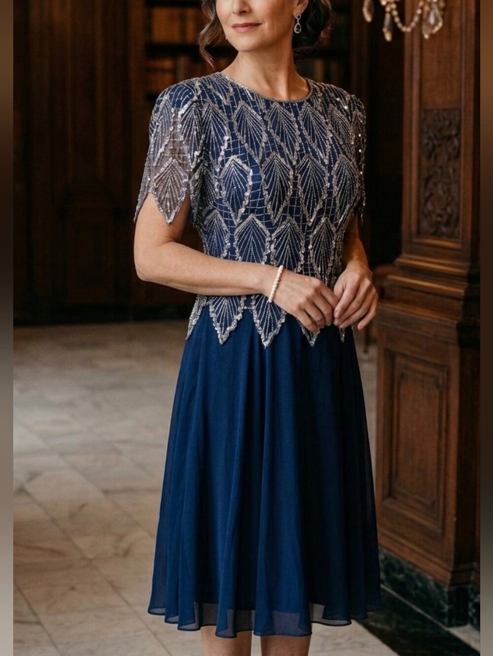 Vtg Laurence Kozar Navy Blue Silk Chiffon & Silver Sequin Beaded Midi Dress L